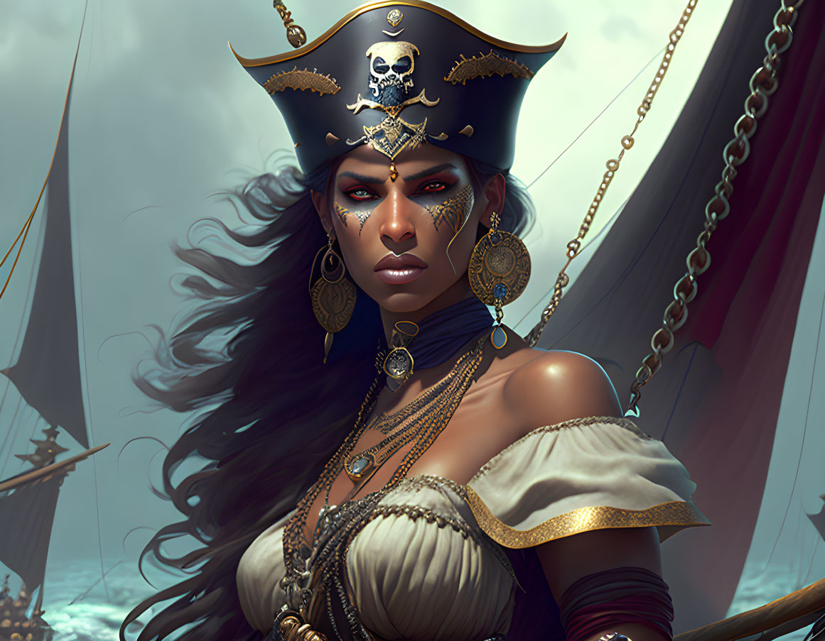 Female Pirate with Golden Skull Hat and Ship Background