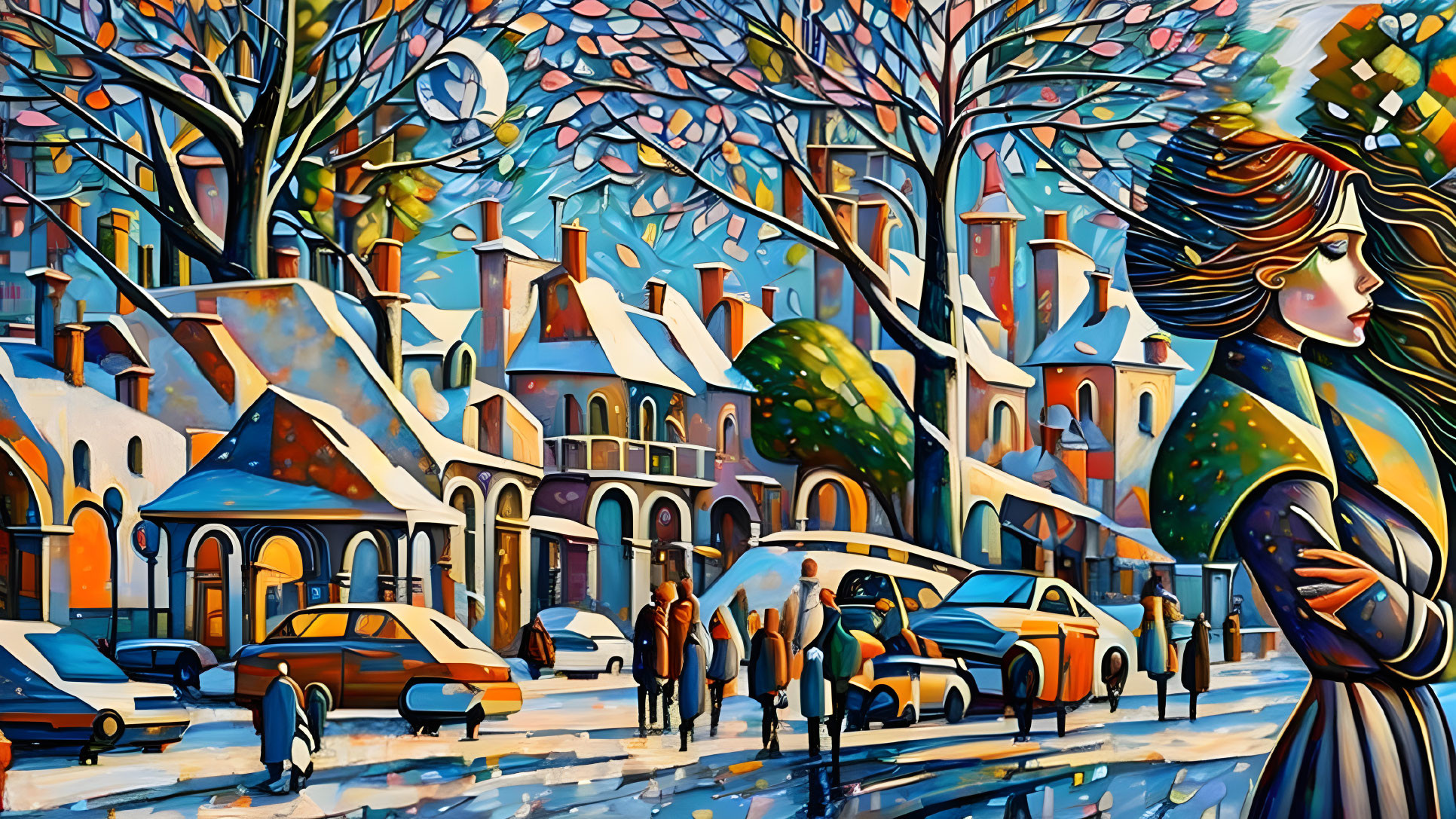 Colorful Profile Painting of Woman in Urban Snowscape