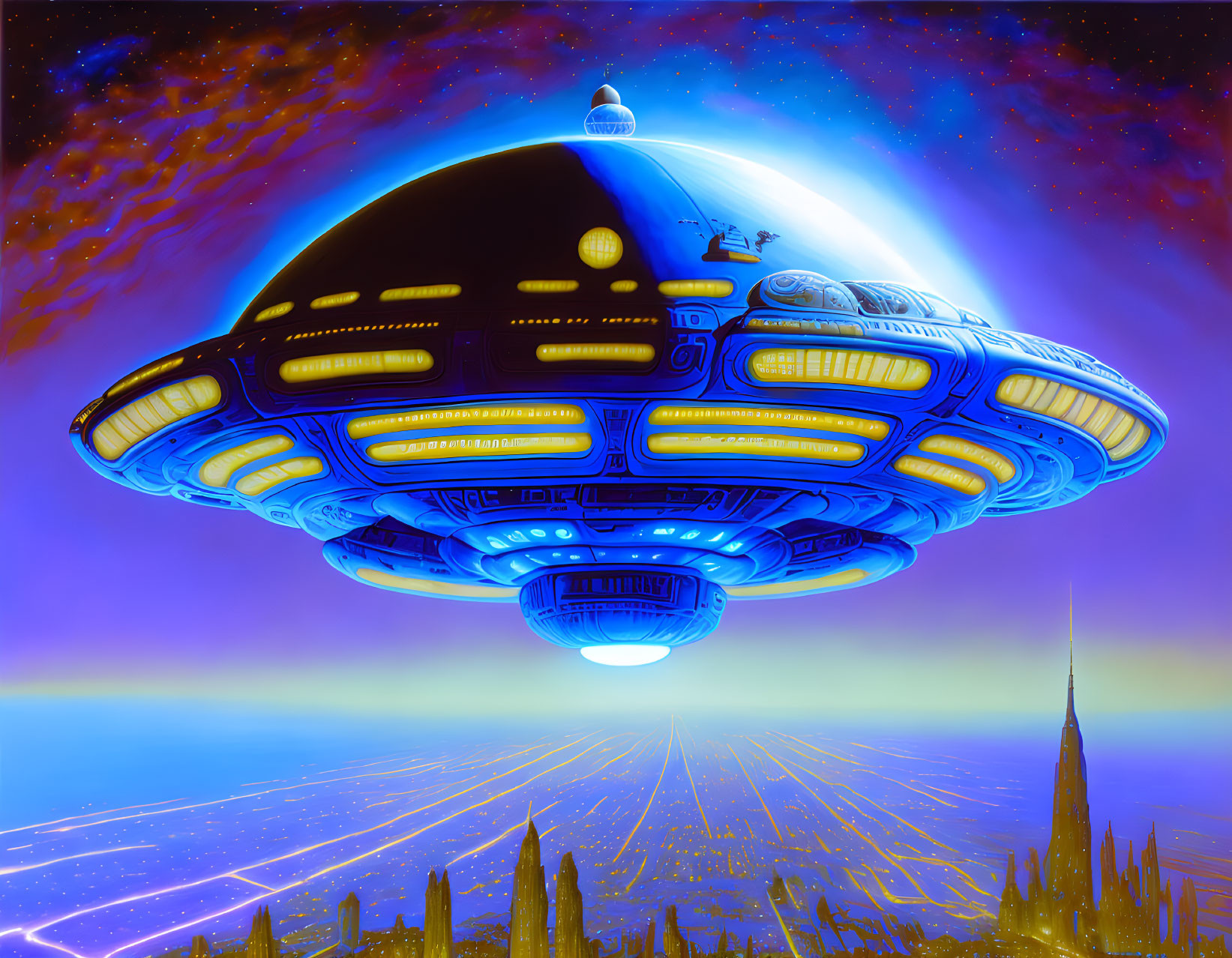 Detailed Spaceship Hovers Over Futuristic Cityscape