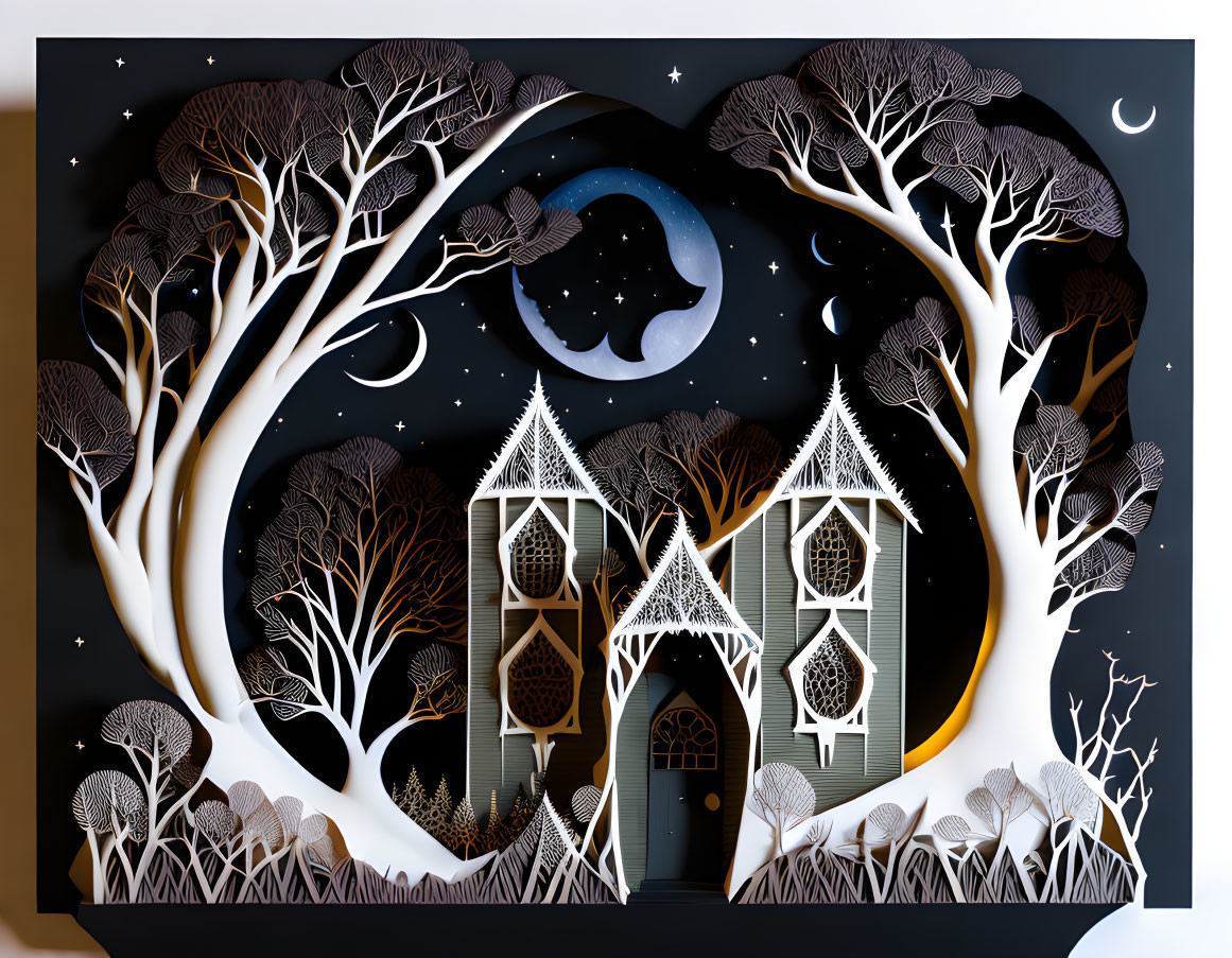 Night scene paper cut-out with whimsical trees, Victorian houses, starry sky, crescent moon