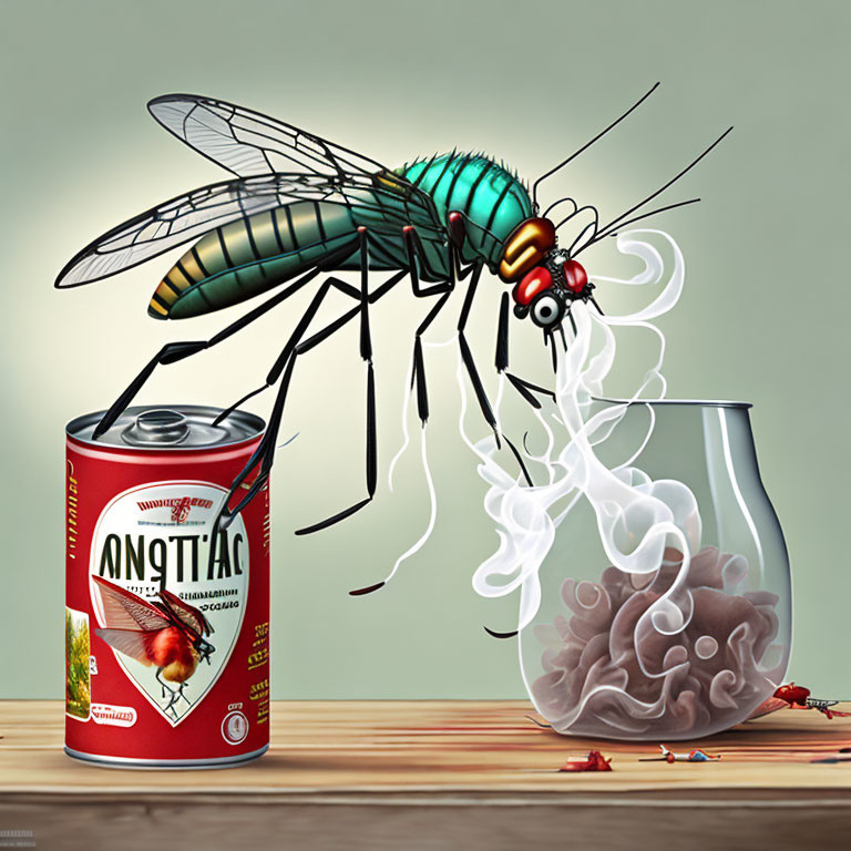 Giant mosquito, insecticide can, brain in jar, tiny fleeing figures.