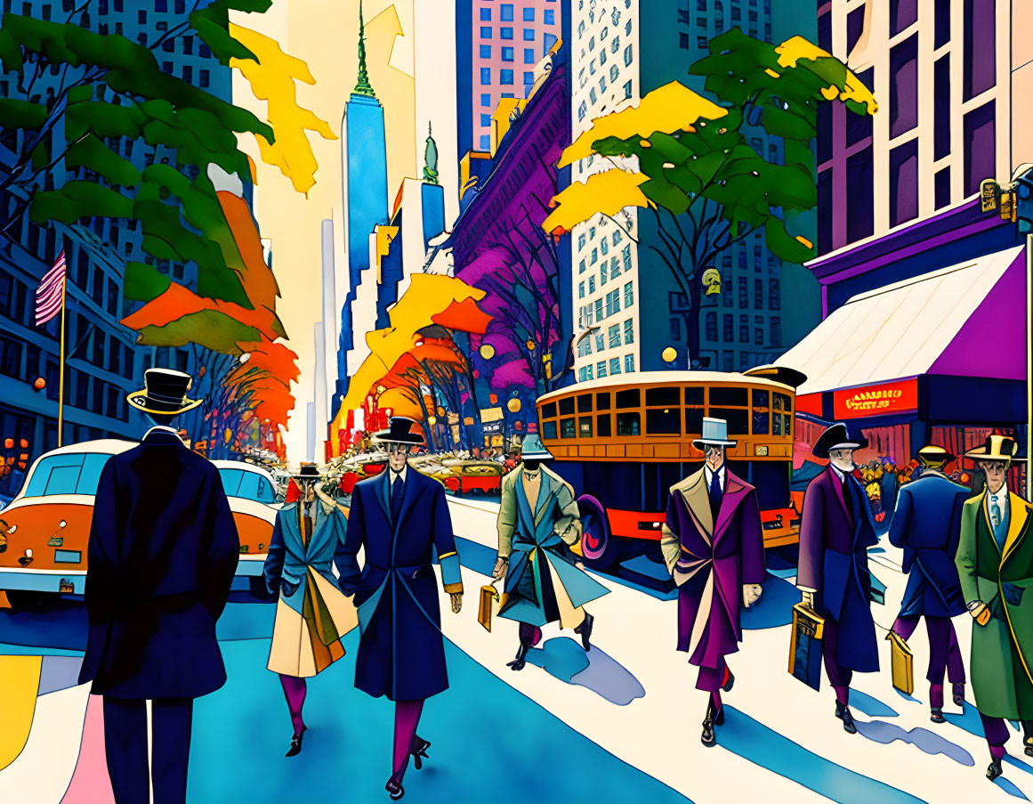 Vibrant cityscape with pedestrians, vintage cars, bus, and skyscrapers