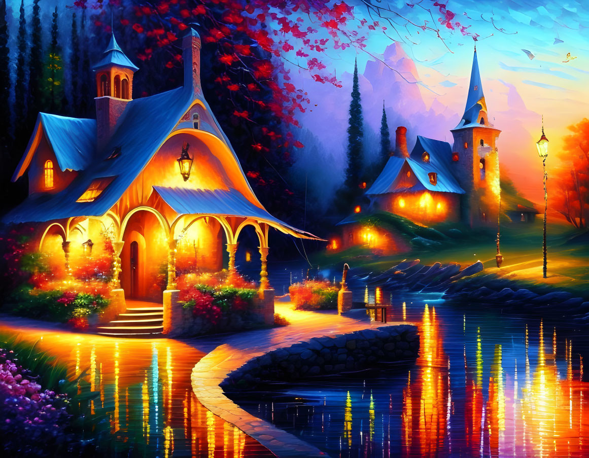 Colorful fantasy painting of lit cottages by serene lake