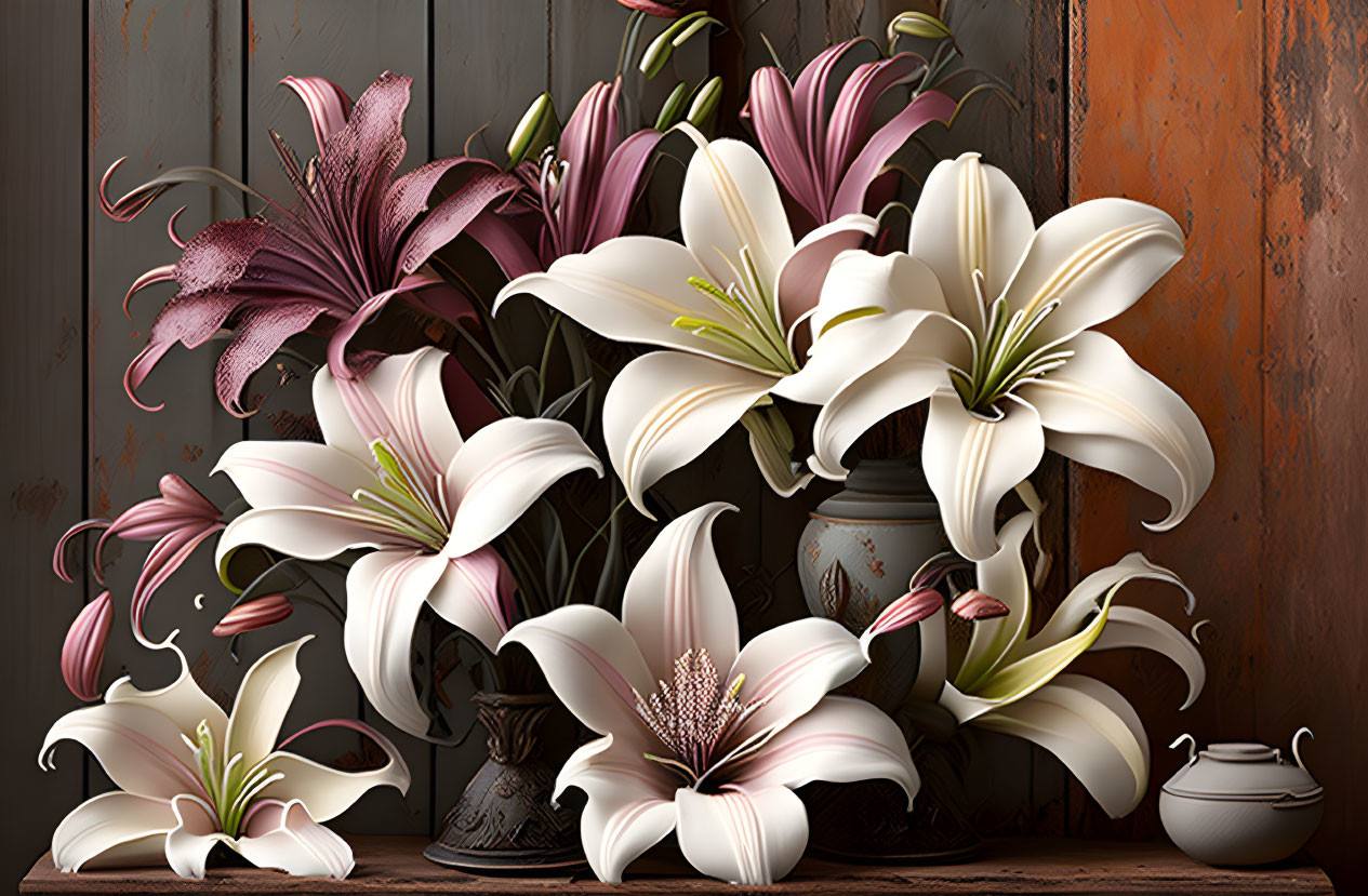 Pink and White Lilies in Antique Vase on Rustic Wood Backdrop