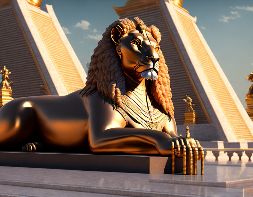 Golden lion statue with jewelry in front of traditional temple under clear sky