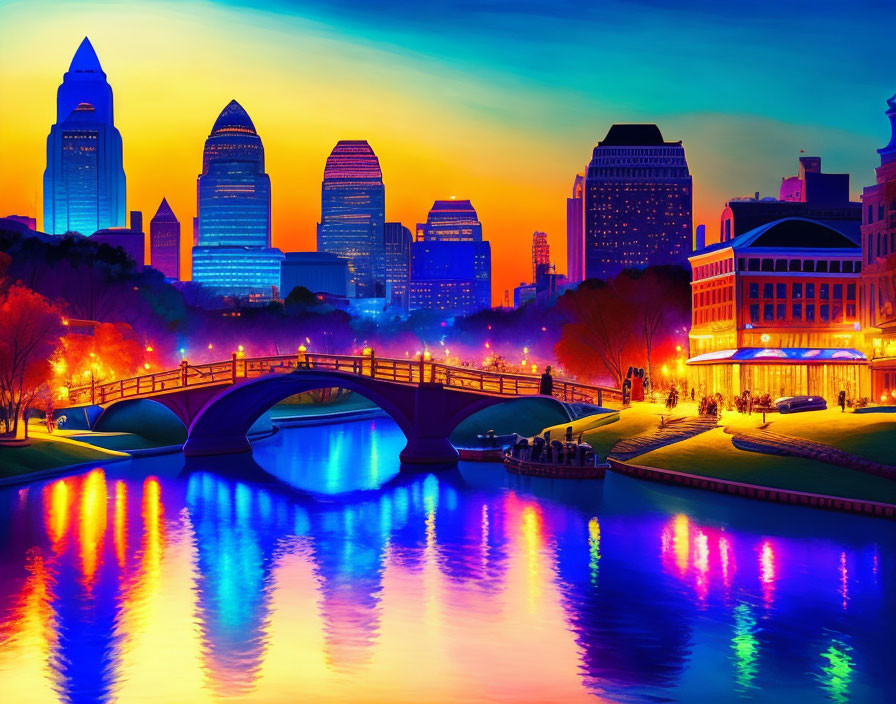 Colorful cityscape at sunset: bridge, skyscrapers, river reflections