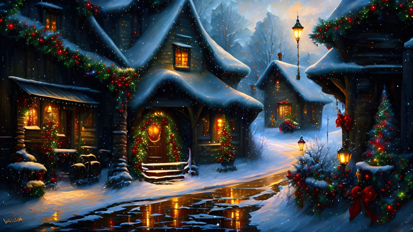 Winter village scene with decorated houses and glowing lamps at twilight