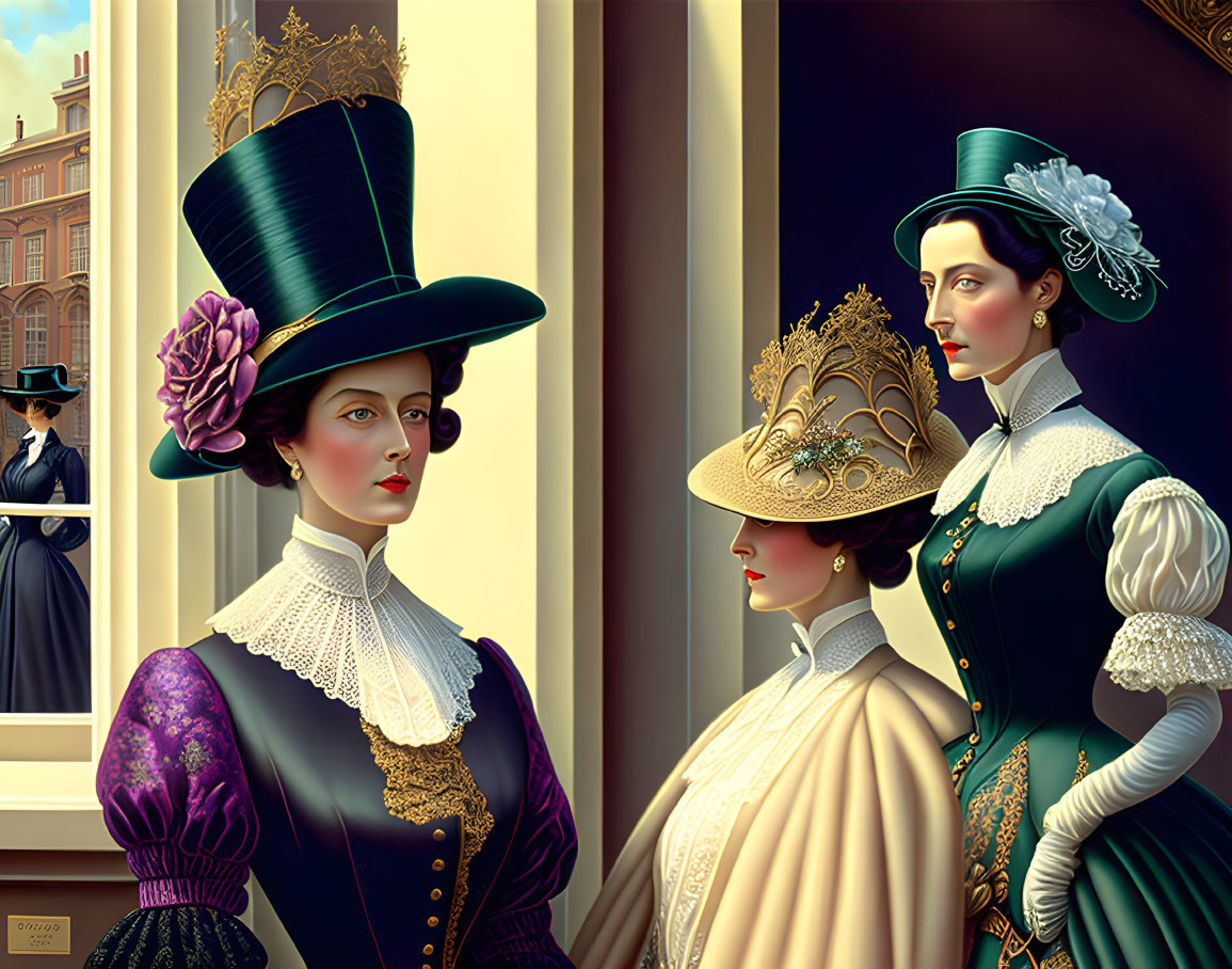 Victorian women in ornate attire by window with reflection.