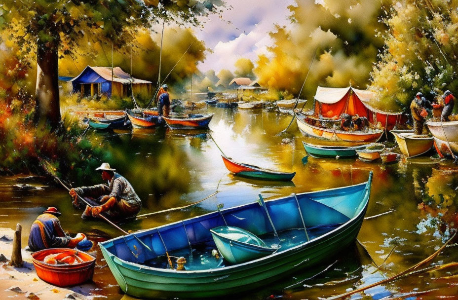 Tranquil river scene with people fishing in small boats amid autumn trees