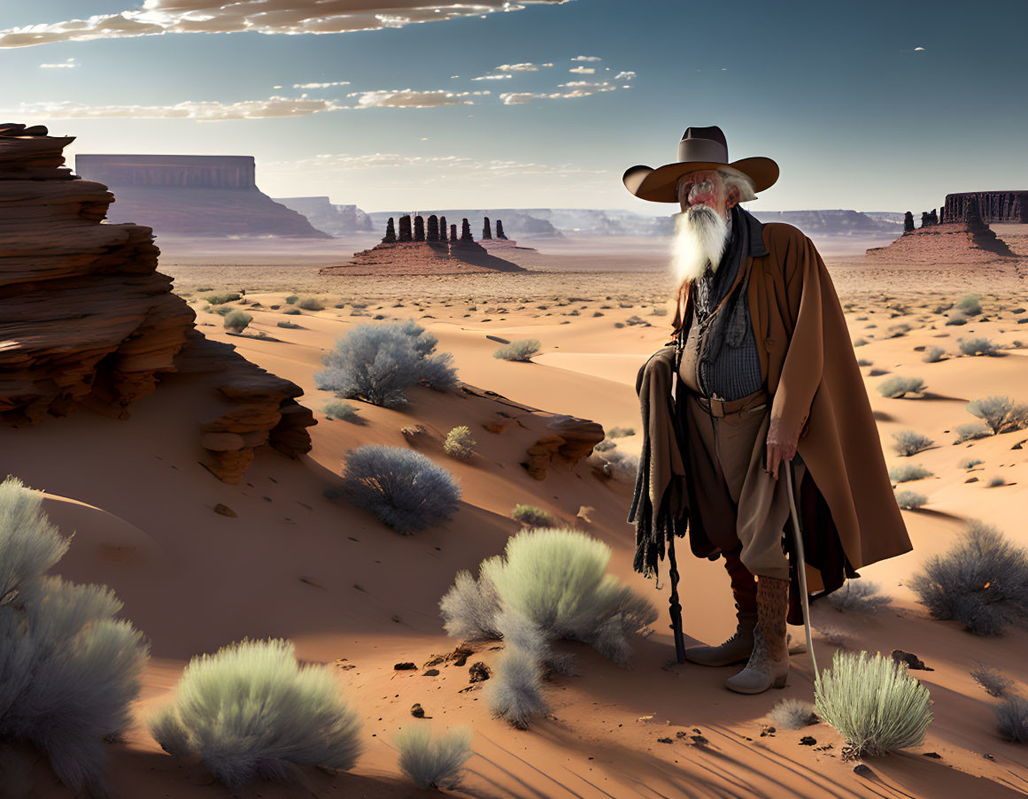 Bearded man in cowboy hat and coat in desert landscape with red sand and rock formations