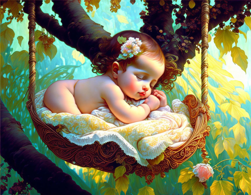 Sleeping baby in hammock painting with serene nature surroundings