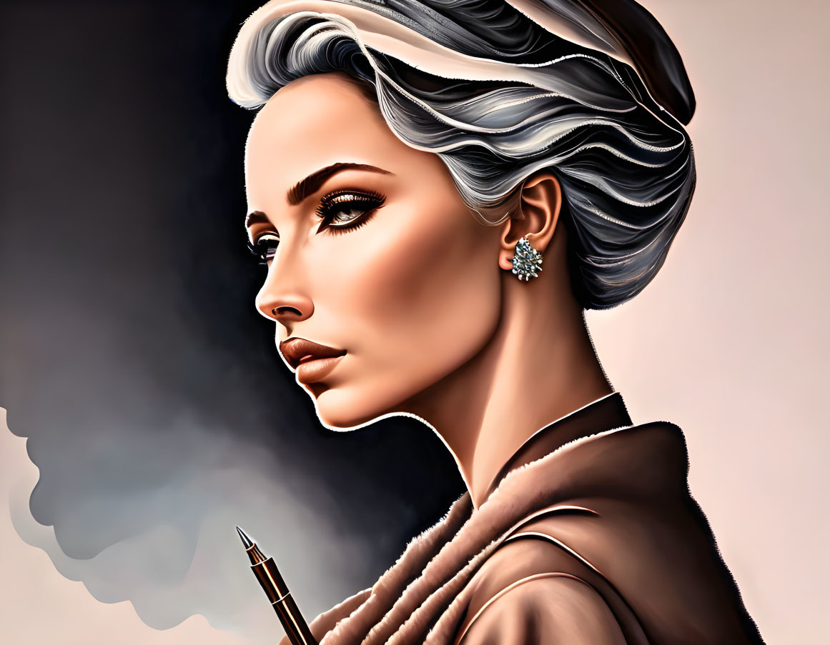 Digital portrait of elegant woman in vintage attire with pen and earring