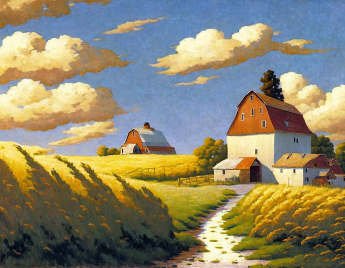 Tranquil landscape: red-roofed barn in golden wheat fields under blue sky