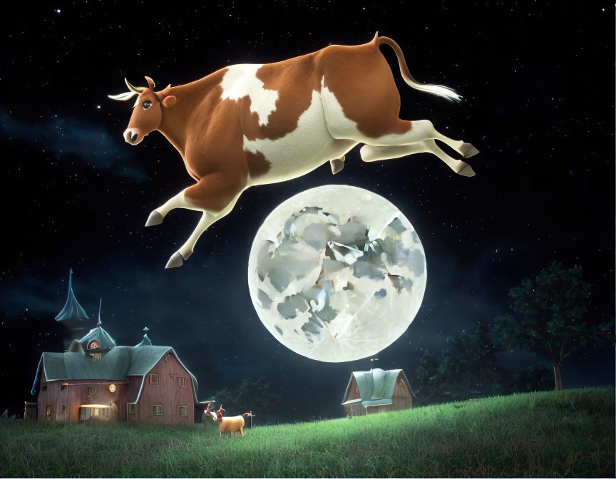 Cow jumping over full moon in whimsical farm scene