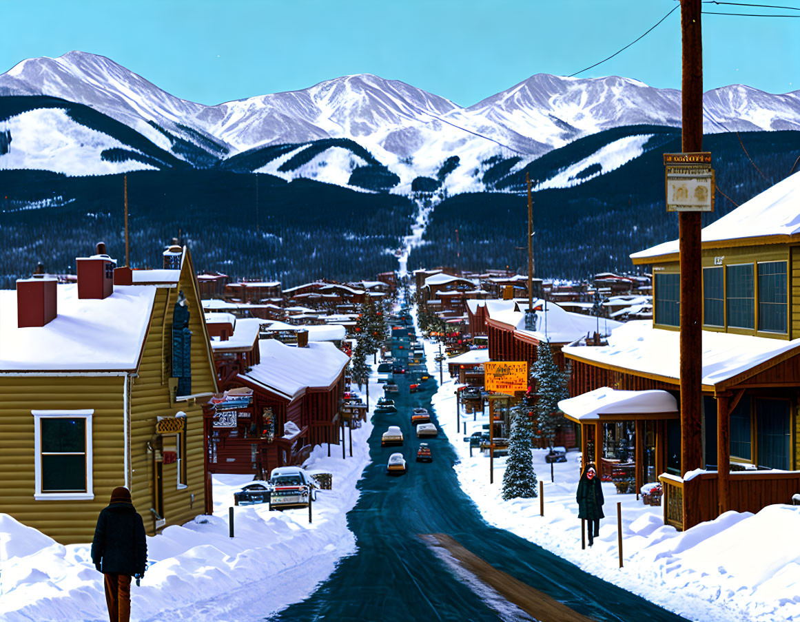 Snow-covered town with mountain backdrop and colorful buildings on main street