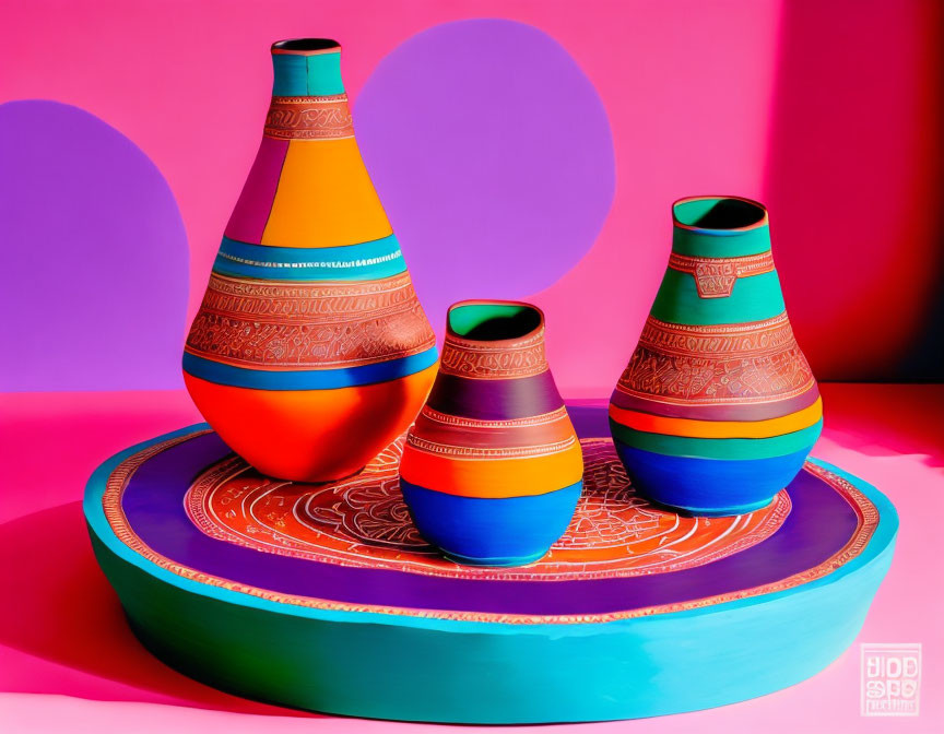 Vibrant painted pottery on pink and turquoise background