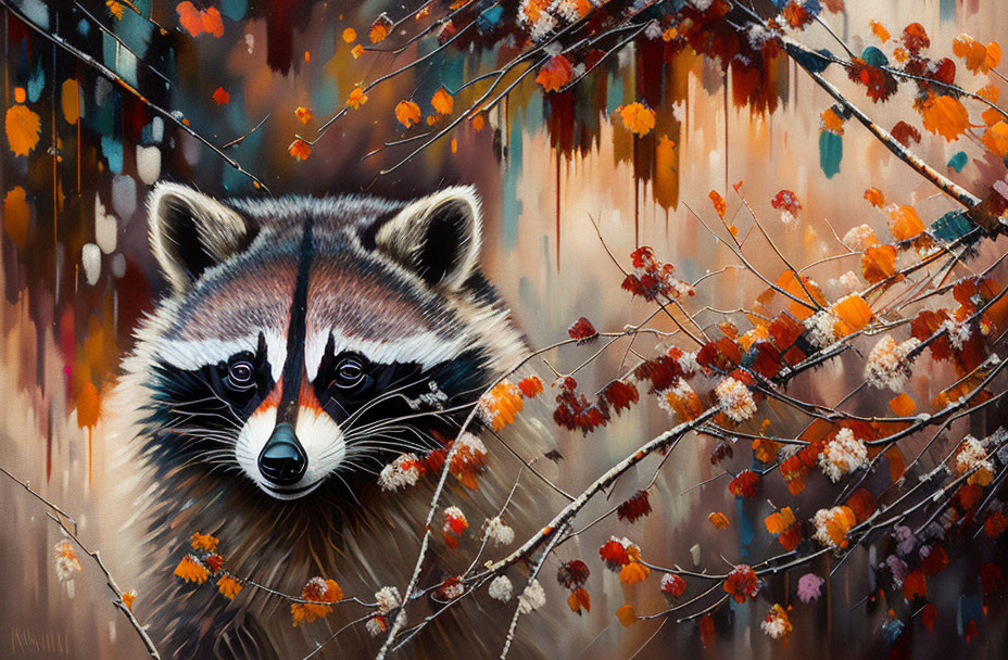 Raccoon peeking through blossoming branches on warm abstract backdrop