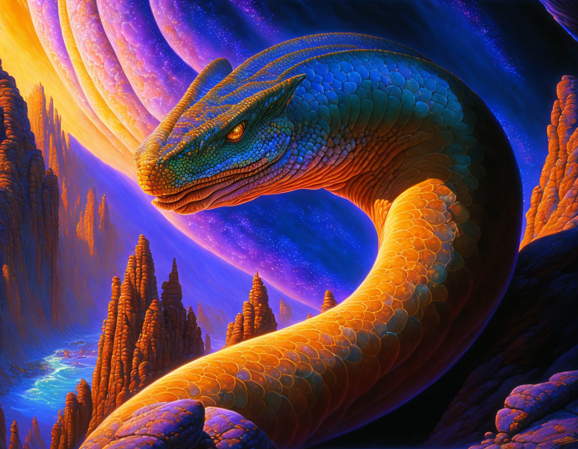 Colorful Blue and Orange Dragon in Fantastical Landscape