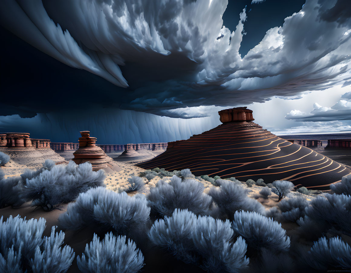 Dark Clouds Over Desert Sandstone Formations and Dunes