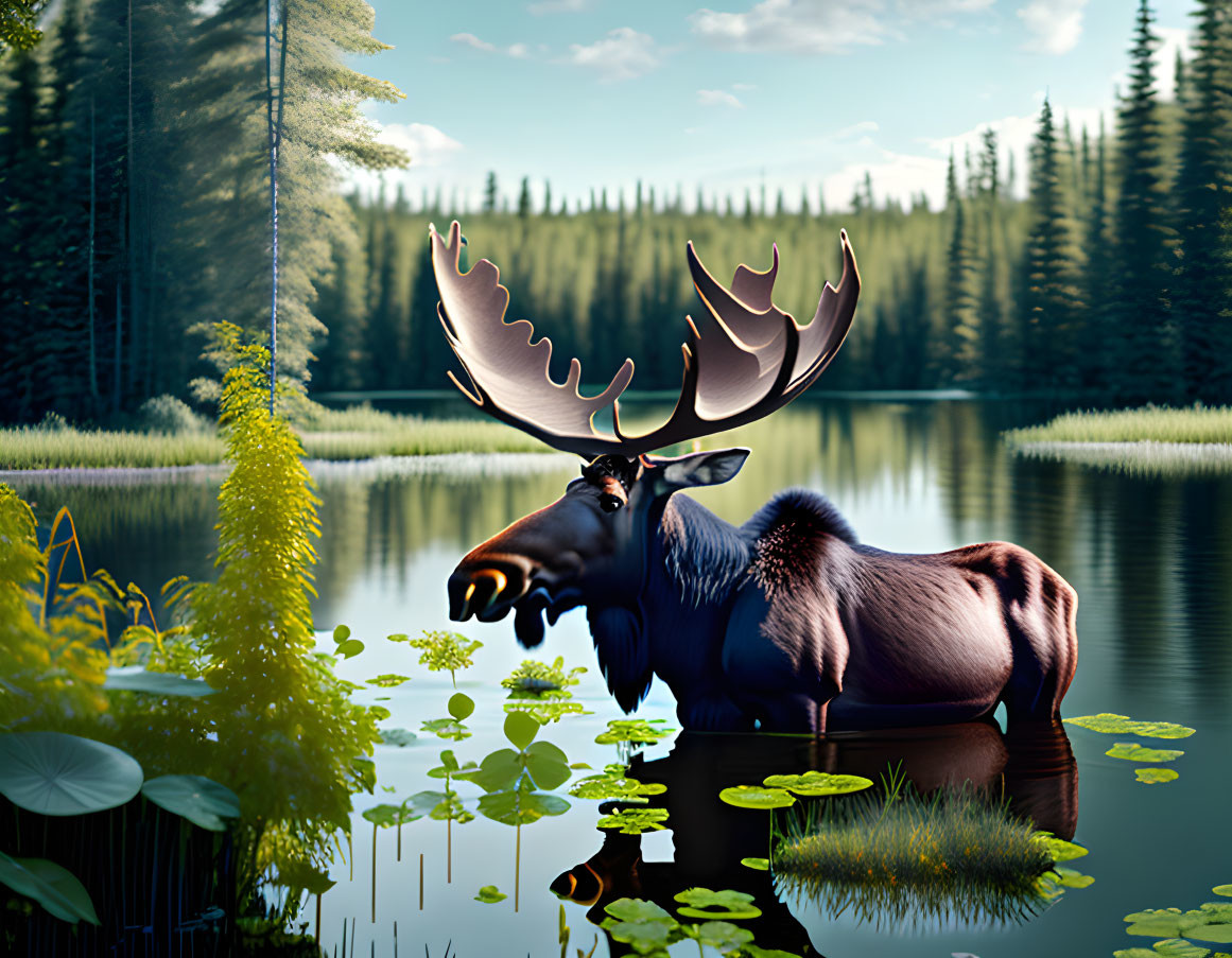 Majestic moose in serene lake with lush forest backdrop