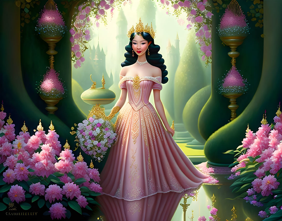 Elegant woman in pink gown in magical forest with glowing flora