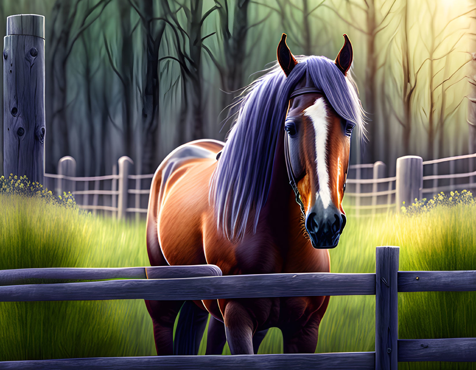 Chestnut horse with flowing mane in tranquil forest clearing at dusk