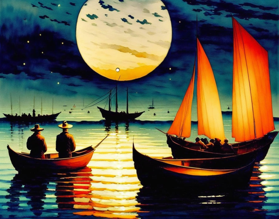 Sailboats with orange sails under full moon on calm water