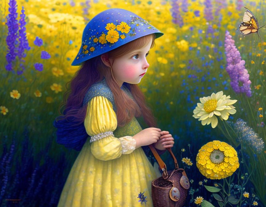 Young girl in yellow dress and floral hat in vibrant flower field with butterfly and basket.