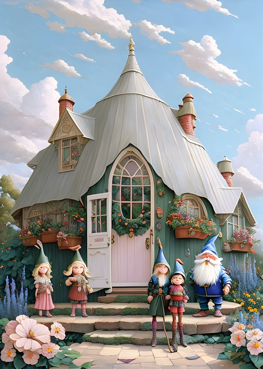 Enchanting cottage with gnomes in flowery surroundings