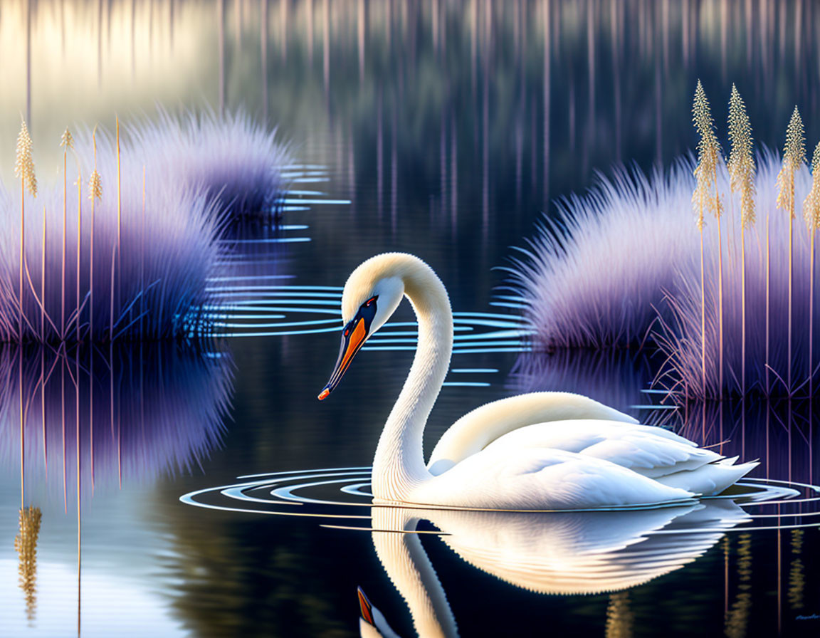 Graceful swan gliding on calm lake with mirrored reflections