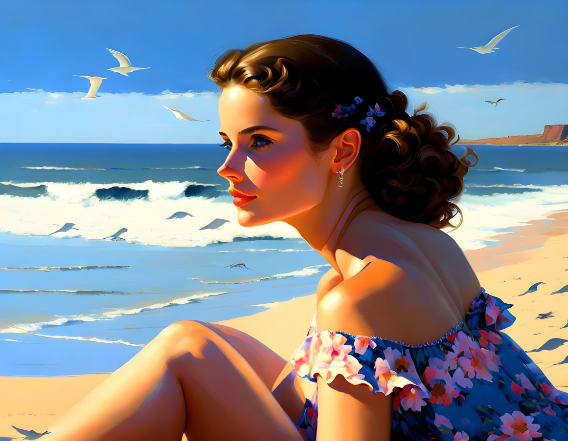 Woman with flower-adorned hairstyle on sunny beach with seagulls and waves