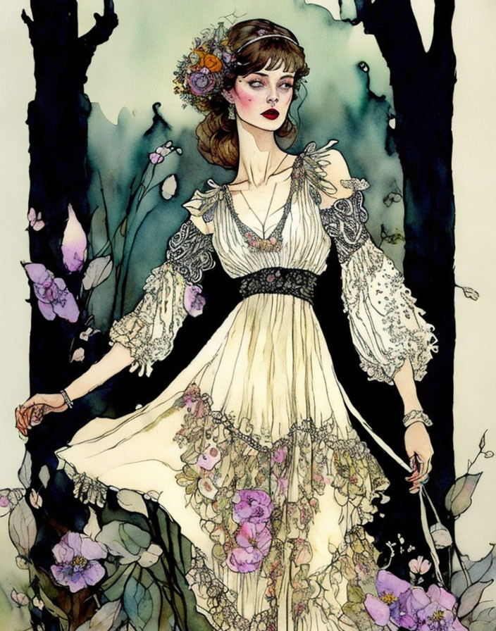 Illustrated woman in vintage dress among whimsical trees