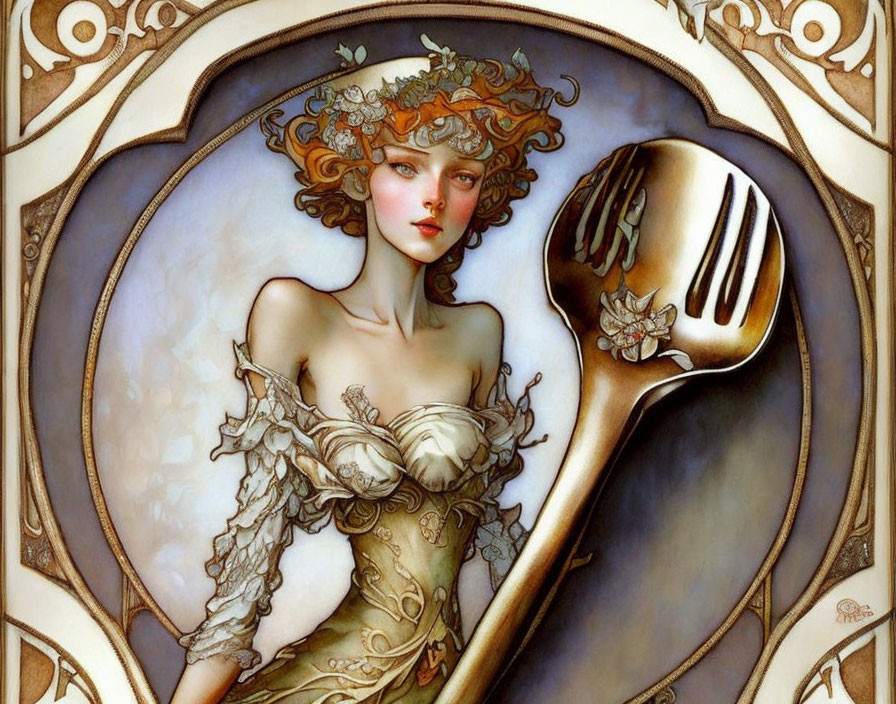 Art Nouveau style artwork of red-haired woman with floral headwear and oversized spoon