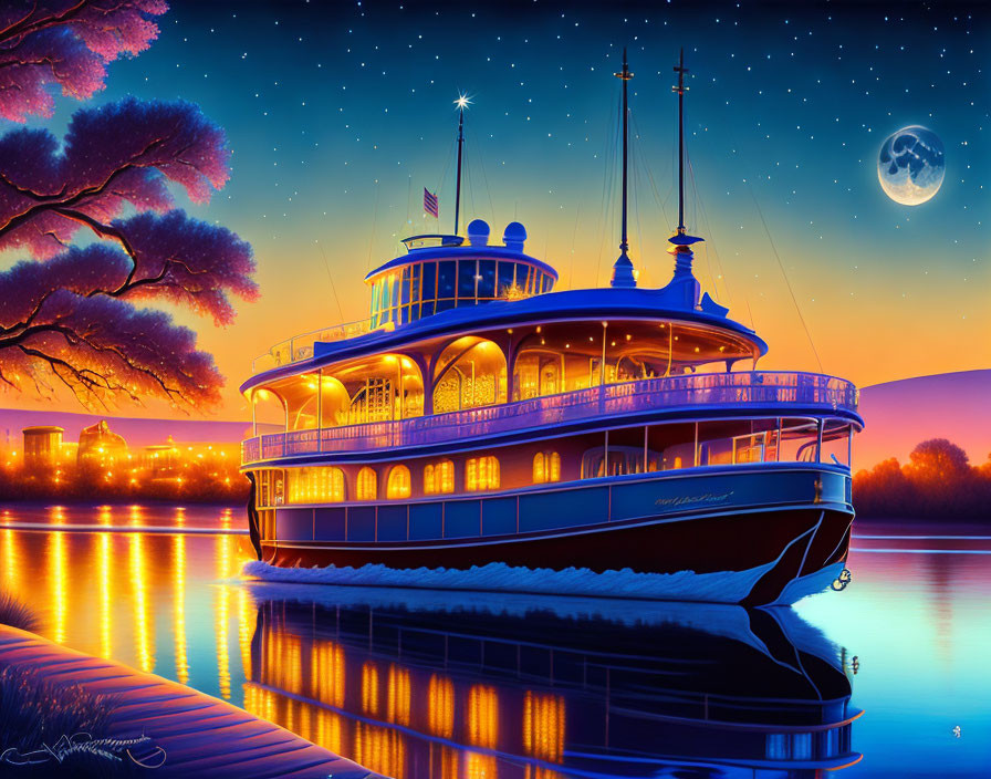 Illuminated Riverboat Beneath Starry Sky and Full Moon