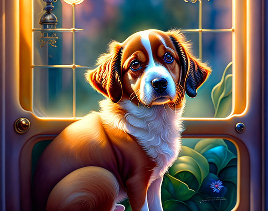 Illustrated sad-eyed puppy in warmly lit home gazing out window.