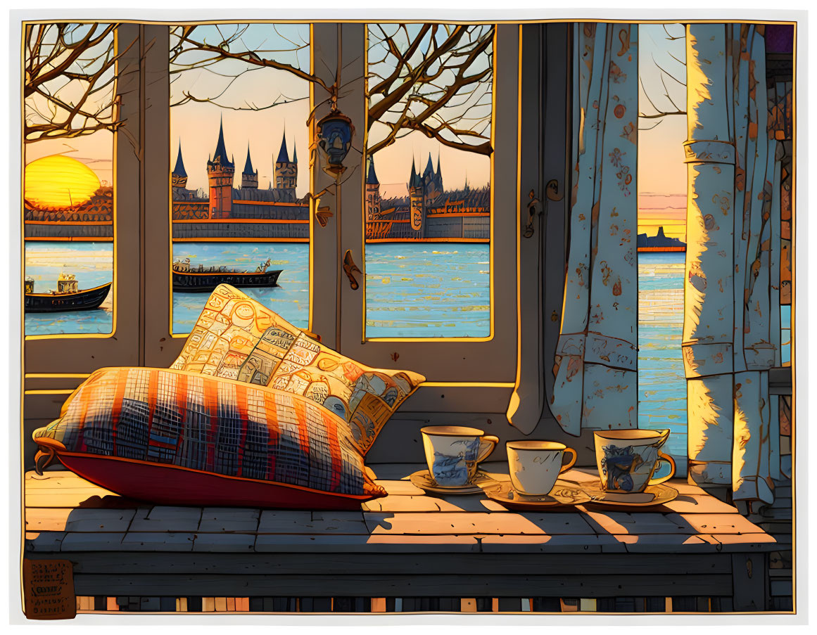 Warm interior view with plaid pillow, teacups, and sunset river skyline.