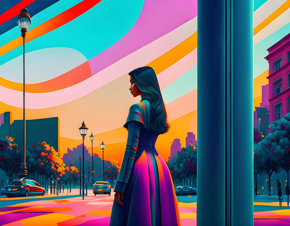 Colorful city street illustration with woman gazing under urban sunset.