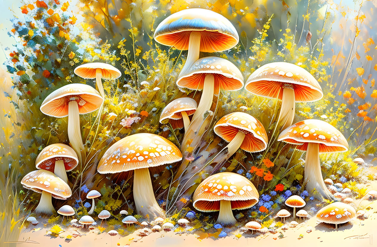 Golden Mushrooms with White Spots in Vibrant Forest Scene