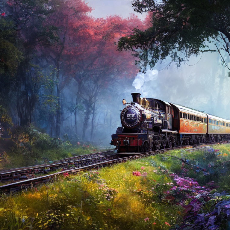 Vintage steam train in vibrant forest with mist & flowers