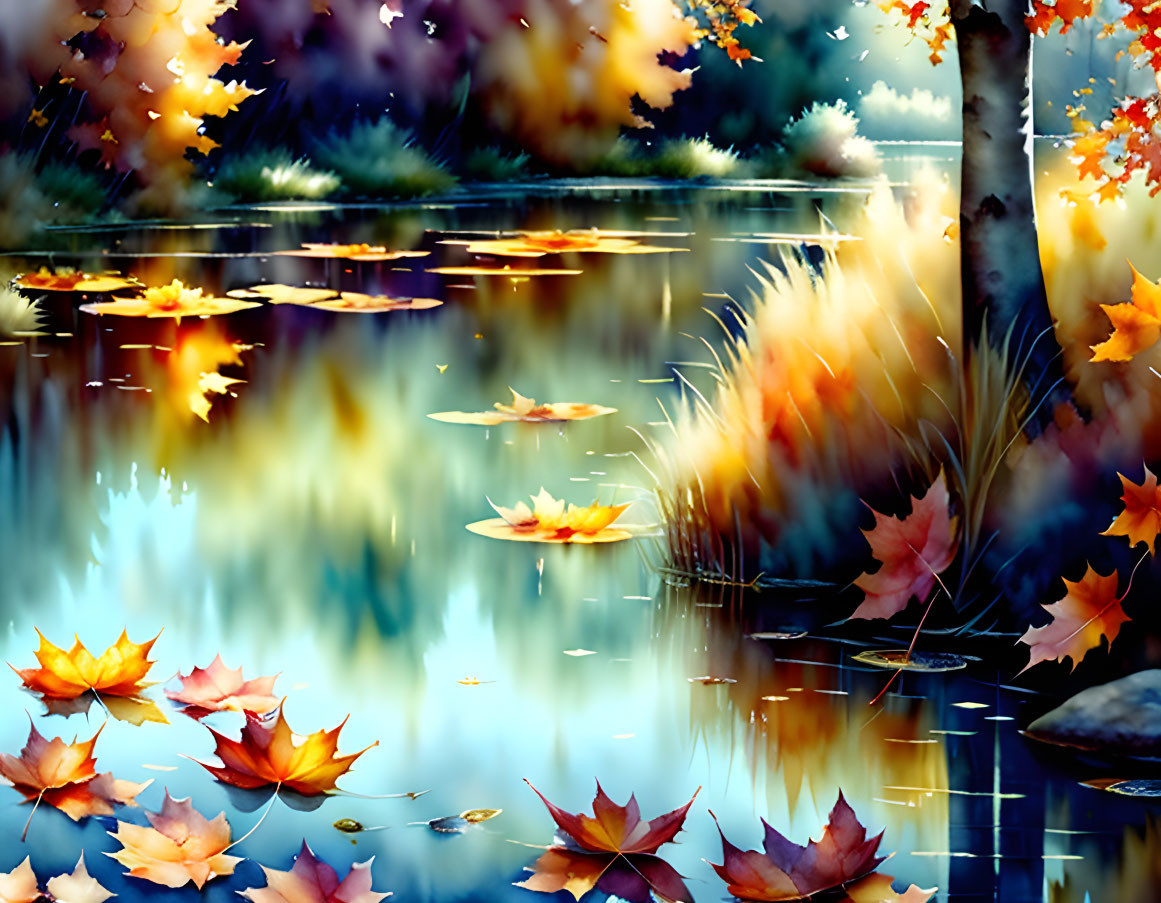 Tranquil autumn water scene with colorful falling leaves