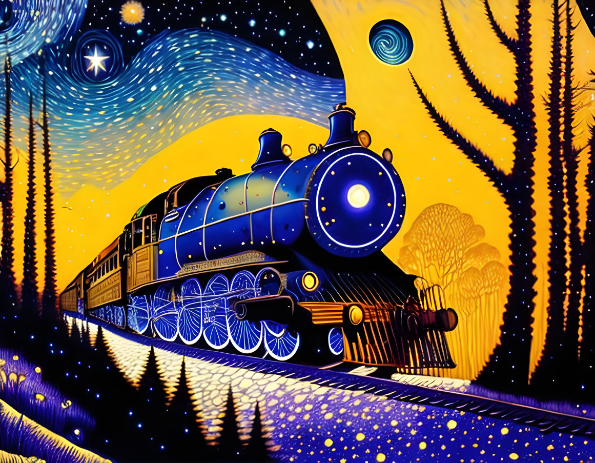 Colorful stylized steam train night scene with swirling starry sky.