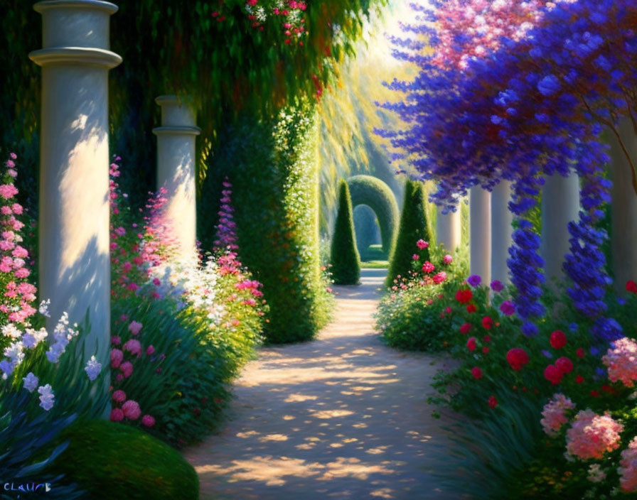 Tranquil garden path with colorful flowers and white columns.