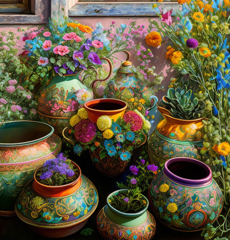 Colorful Floral Pots Against Pink Wall: Rich Patterns & Textures