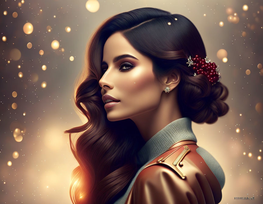 Illustrated woman with wavy hair and elegant makeup in front of golden lights