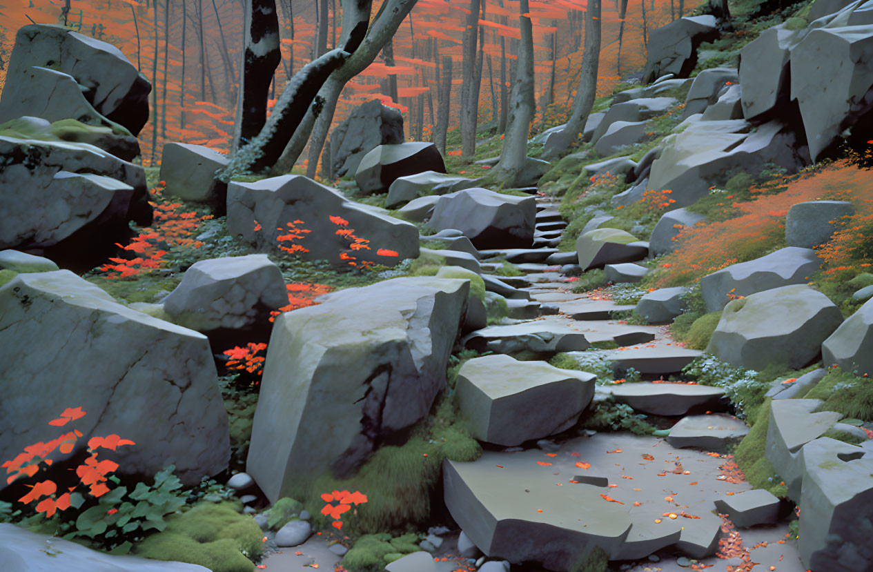 Tranquil forest scene with gray boulders, mossy ground, and orange leaves.