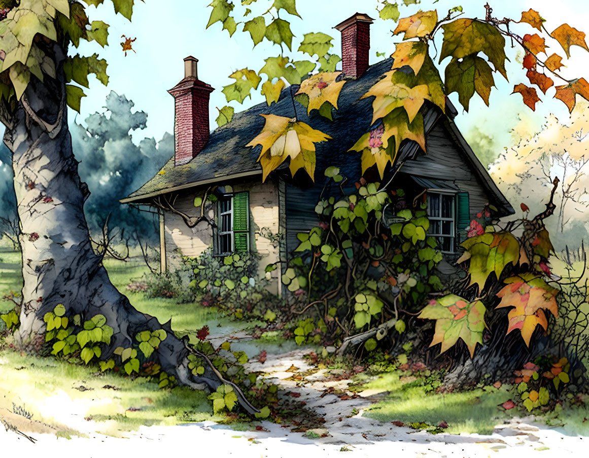 Autumnal cottage illustration with shingled roof and chimneys