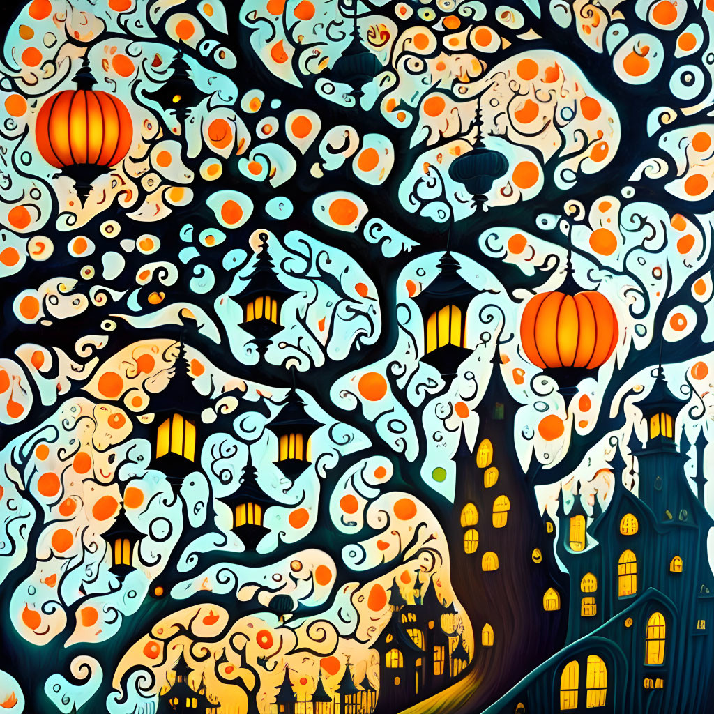 Colorful Tree Illustration with Lanterns and Swirling Branches