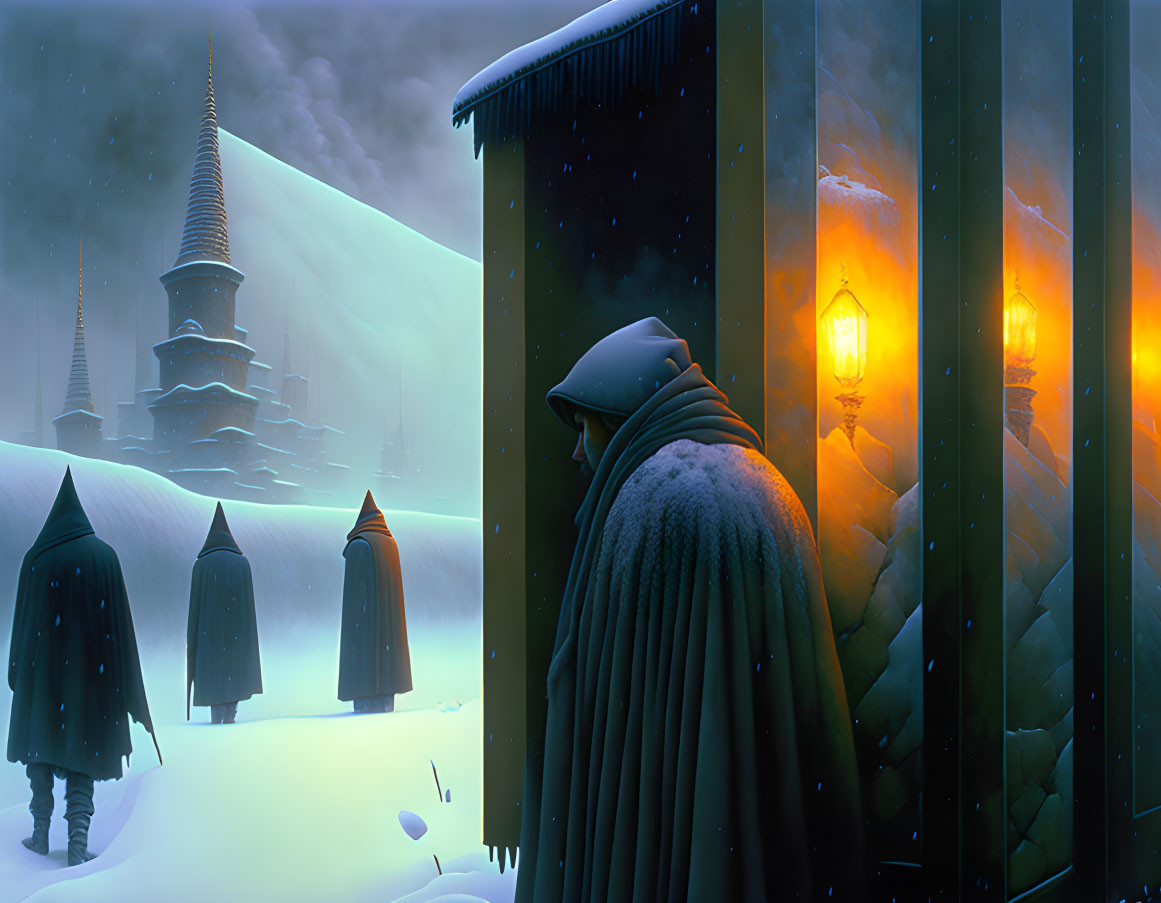 Cloaked figures near glowing lamp post in snowy night scene