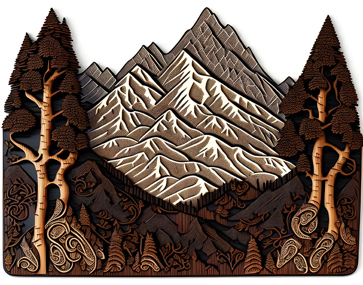 Detailed Wooden Carving of Mountain Landscape and Trees