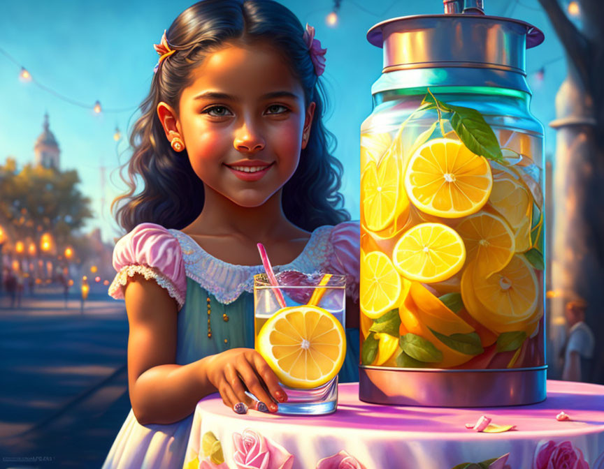 Young girl with flowers holding lemonade by lemon-filled dispenser at evening party